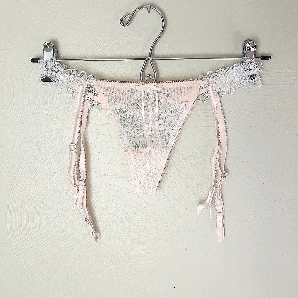 Victoria's Secret lace thong pink metallic w/ garter XS Bridal Y2k